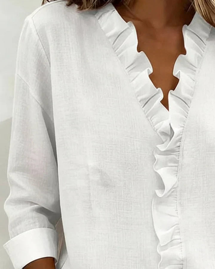 Jelena| Blouse with Ruffles, V-Neck and Long Sleeves
