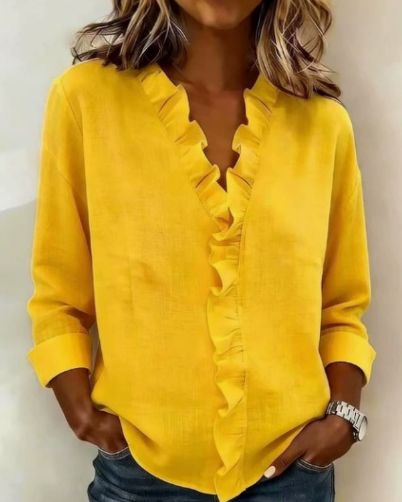 Jelena| Blouse with Ruffles, V-Neck and Long Sleeves