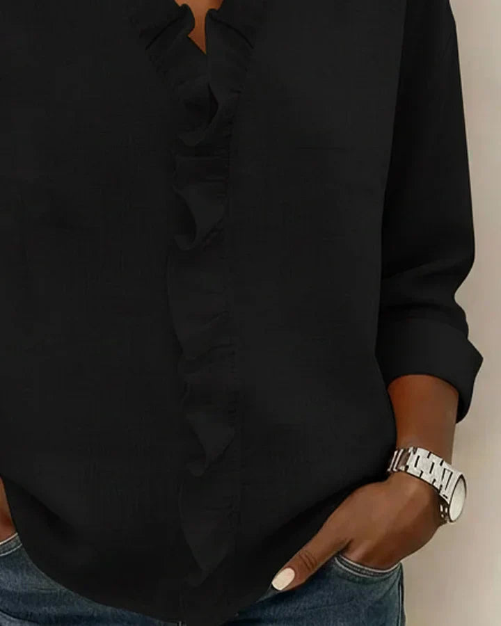 Jelena| Blouse with Ruffles, V-Neck and Long Sleeves